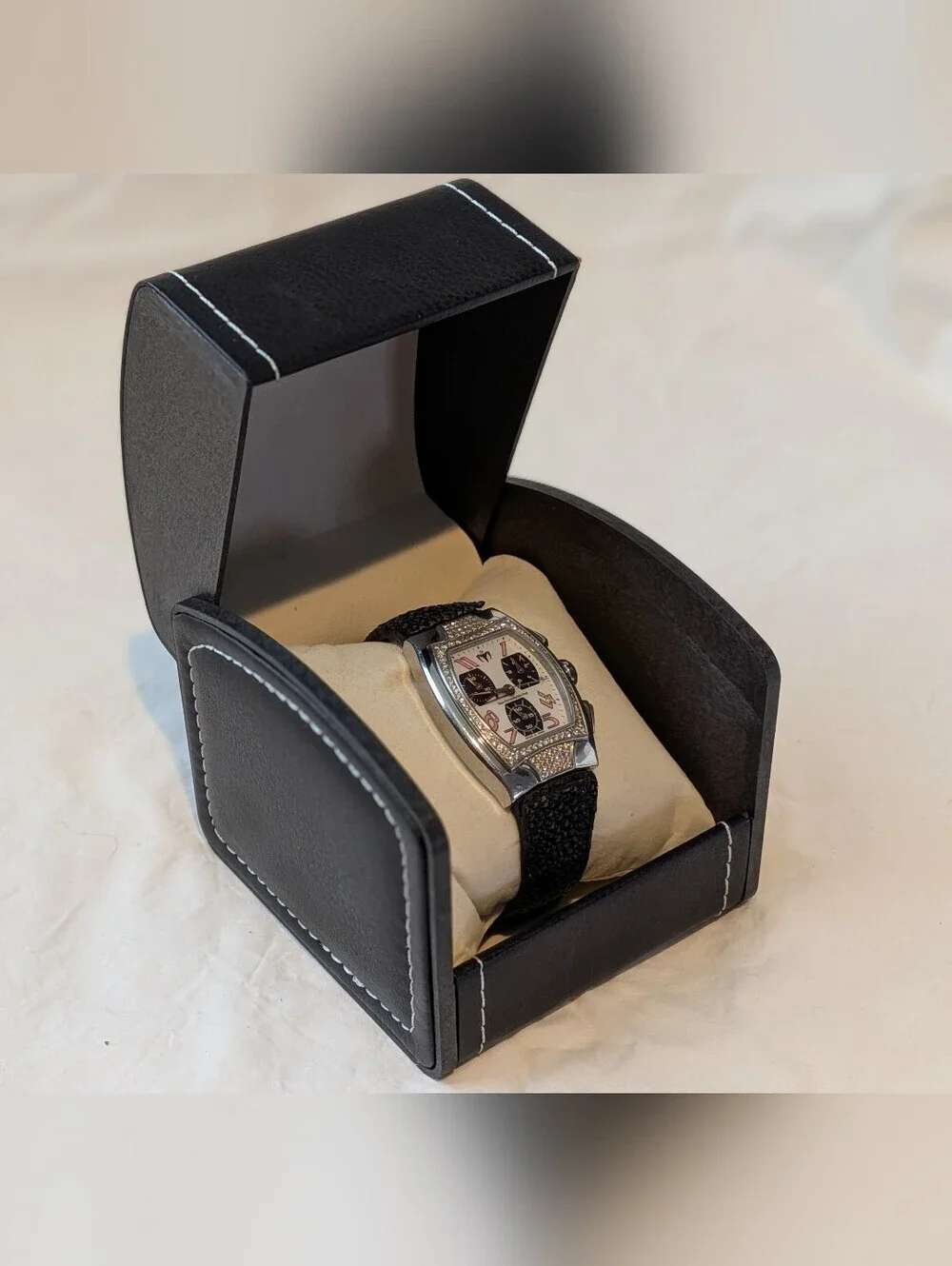 TechnoMarine Women Quartz Chronograph White Dial SS Case Black Leather 10 ATM